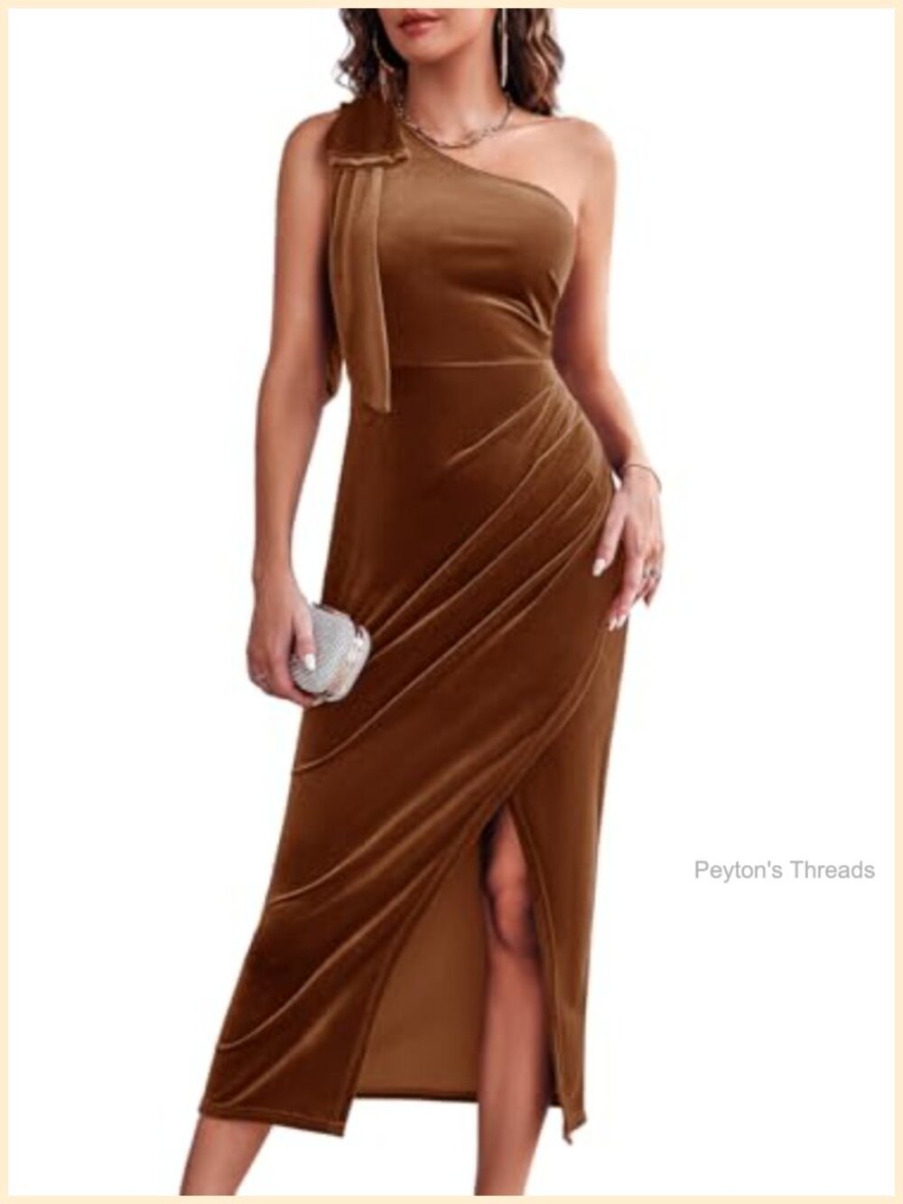 Wenrine Velvet Midi Dress One Shoulder Bodycon Faux Wrap Formal Party